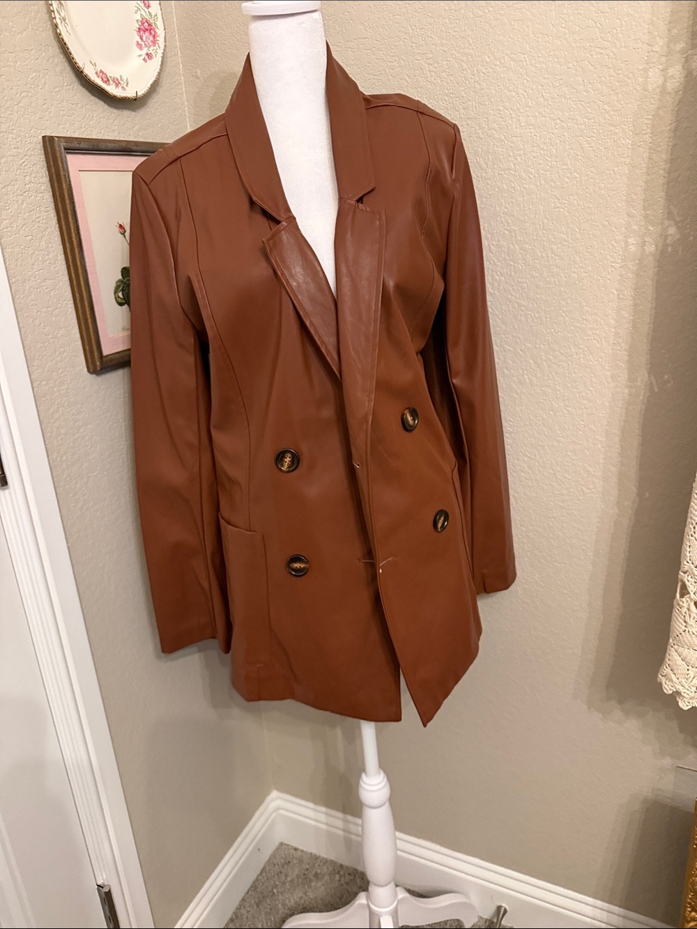Another Love Brown Faux Leather Double-Breasted Blazer
